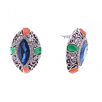 Cercei cu știft cu cristale albastre «Marquise», montură cu strasuri, 26 x 19 mm