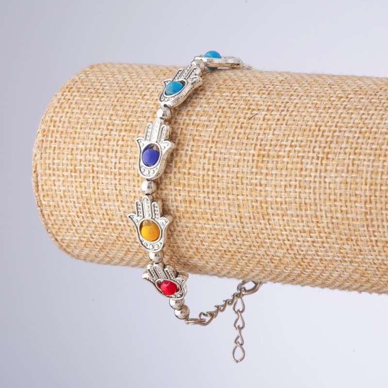 Pachet cu 12 brățări „Mâna lui Hamsa” din mărgele colorate, lungime 16–21 cm, pentru protecție împotriva deochiului