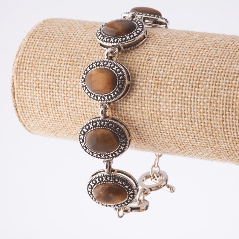 Reducere brățară ochi de tigru, ramă «punct cruce» piatră ovală 22×18 mm, 7 buc., lungime 20–22 cm