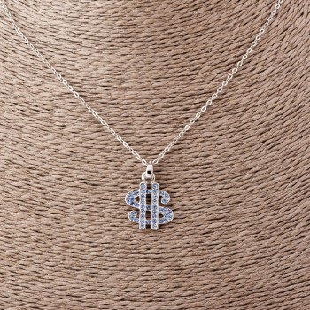 Pandantiv Dolar pe lanț în formă de ancoră, cu cristale albastre, lungime 52 cm, diametru 2×1,7 cm, metal argintiu