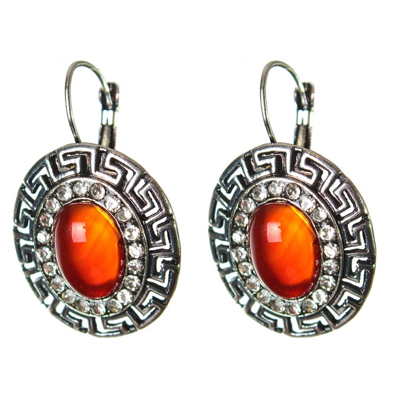 Cercei din carneol în montură grecească, cu strasuri, piatră ovală 2,5×3 cm, lungime 3,9 cm