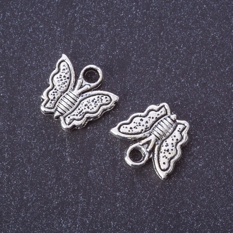 Furnitură pentru bijuterii - pandantiv fluture, culoare argintiu, 13×13 mm, ambalaj 20 g ± 20 buc.
