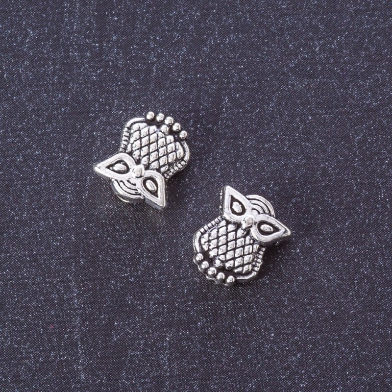 Furnitură pentru mărgele, inserție în formă de bufniță, culoare argintiu, dimensiune 10×9 mm, ambalaj 20 g, +/- 30 buc