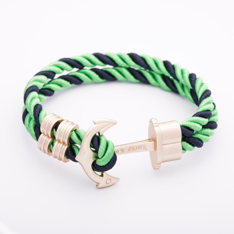 Brățară de damă „Ancoră” albastru-verde, șnur textil împletit, culoare metalică aur mat, lungime 22 cm