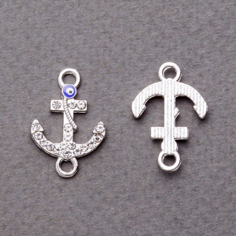 Conector pandantiv cu strasuri în formă de ancoră, argintiu, 2x1,5 cm, ambalaj 4 buc.