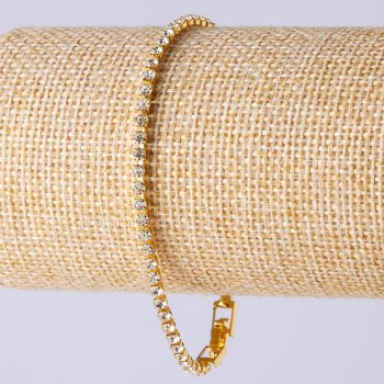 Brățară cu strasuri, într-un singur rând, culoare metalică aurie, lungime 20 cm, lățime 3 mm