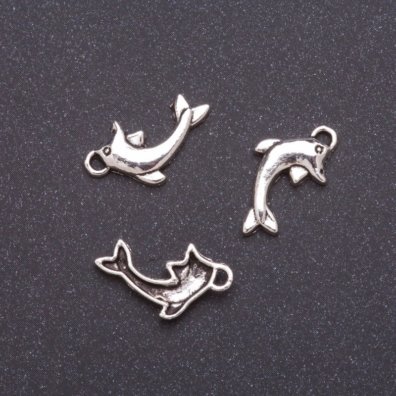 Piesă de accesorii – Pandantiv Delfin, lățime 11 mm, grosime 0 mm, metal gri, finisaj 20 g, +/- 34 buc.