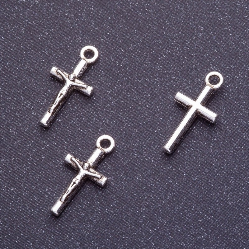 Furnitură pandantiv cruce răstignire, lungime 18 mm, Ø 1,5 mm, culoare argintiu, finisaj 20 g ± 35 buc