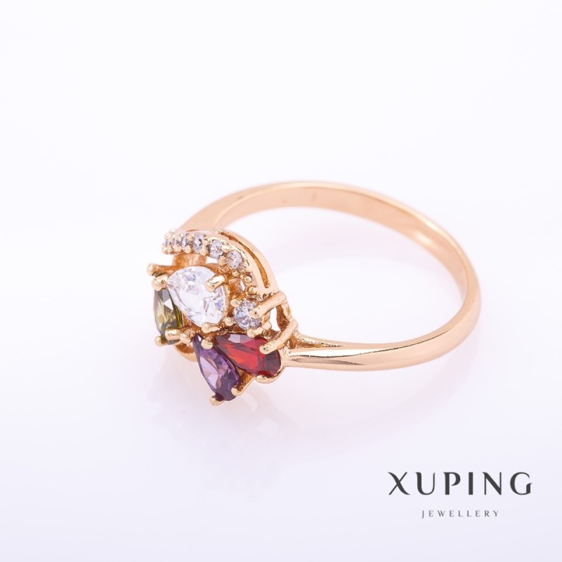 Inel Xuping, culoare metalică aurie, pietre colorate de 4 mm, mărimi 16, 17, 18, 19