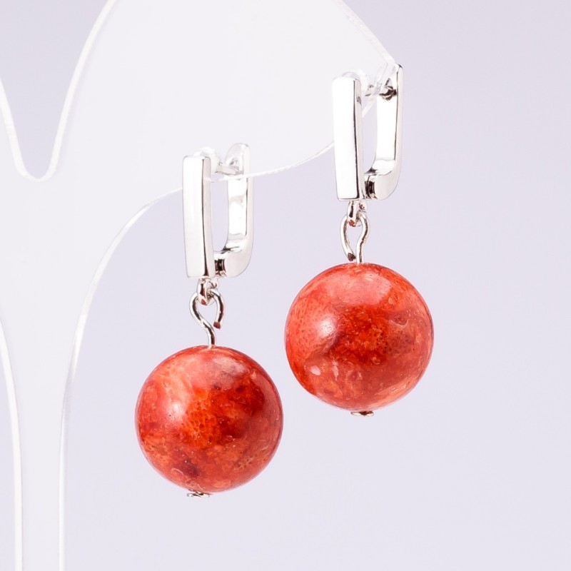 Cercei «Elegant» din coral burete, diametrul 14 mm, lungimea 3 cm