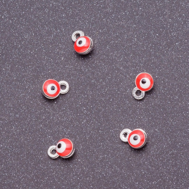 Pandantiv «Ochi», diametru 4 mm, lungime 6 mm, email roșu, metal gri, finisaj mat, 14 buc.