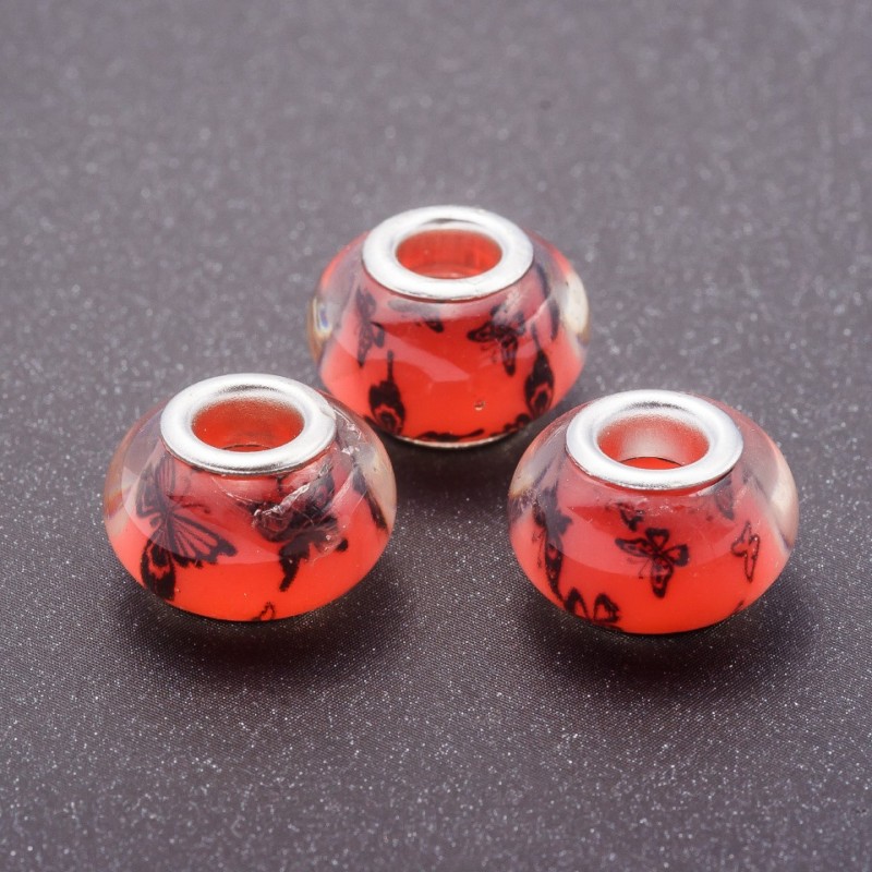 Mărga Pandora portocalie cu motiv Fluturi, din plastic, diametrul 13 mm, gaură de 5 mm, 11 buc. în pachet