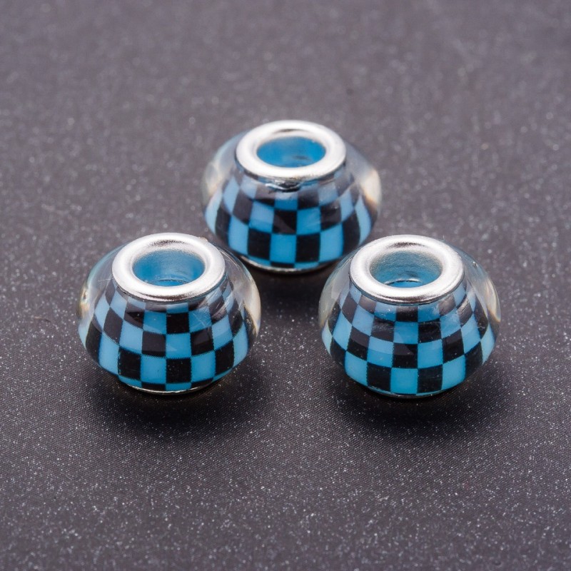 Mărgea Pandora albastră cu model șah-mat, din plastic, diametrul 13 mm, gaura de 5 mm, set de 11 buc.