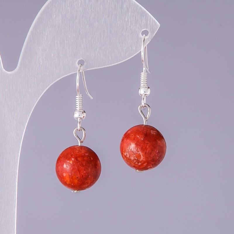 Cercei din coral poros natural, bilă netedă, diametrul 12 mm, lungimea 3 cm