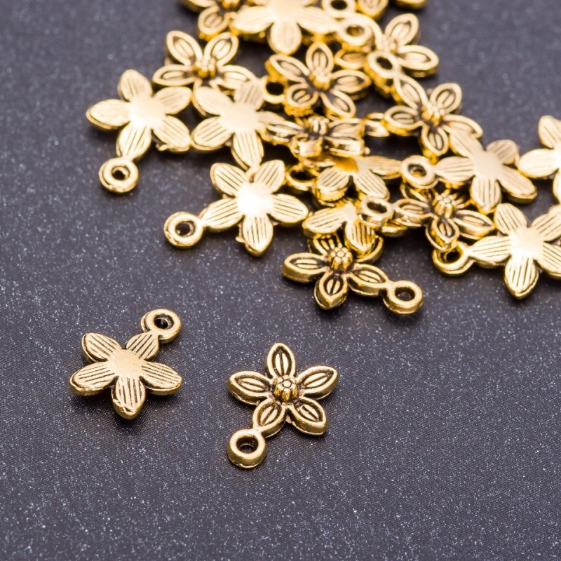 Furnitură pandantiv floare "aur vechi", diametrul 10 mm, lungimea 12 mm, ambalaj 20 g +/- 35 buc.