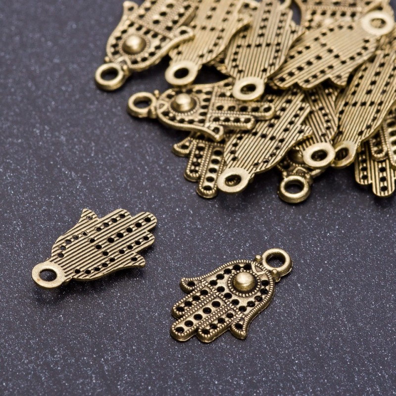 Pandantiv furnitură Mână bronz, diametrul 12 mm, lungimea 20 mm, gaură Ø 3 mm, ambalare 20 g +/- 36 buc