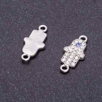 Conector decorativ «Mâna ochilor» cu cristale în nuanță argintie, diametrul 9 mm, gaură Ø 0 mm, fațetare 5 mm, set de 4 bucăți