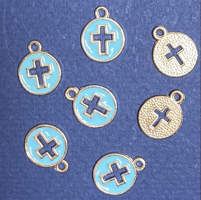 Piesă de accesorii pandantiv «Cruce» email albastru auriu, diametru 12 mm, lungime 15 mm, gaură de 5 mm, fațetare 5 mm, 10 buc.