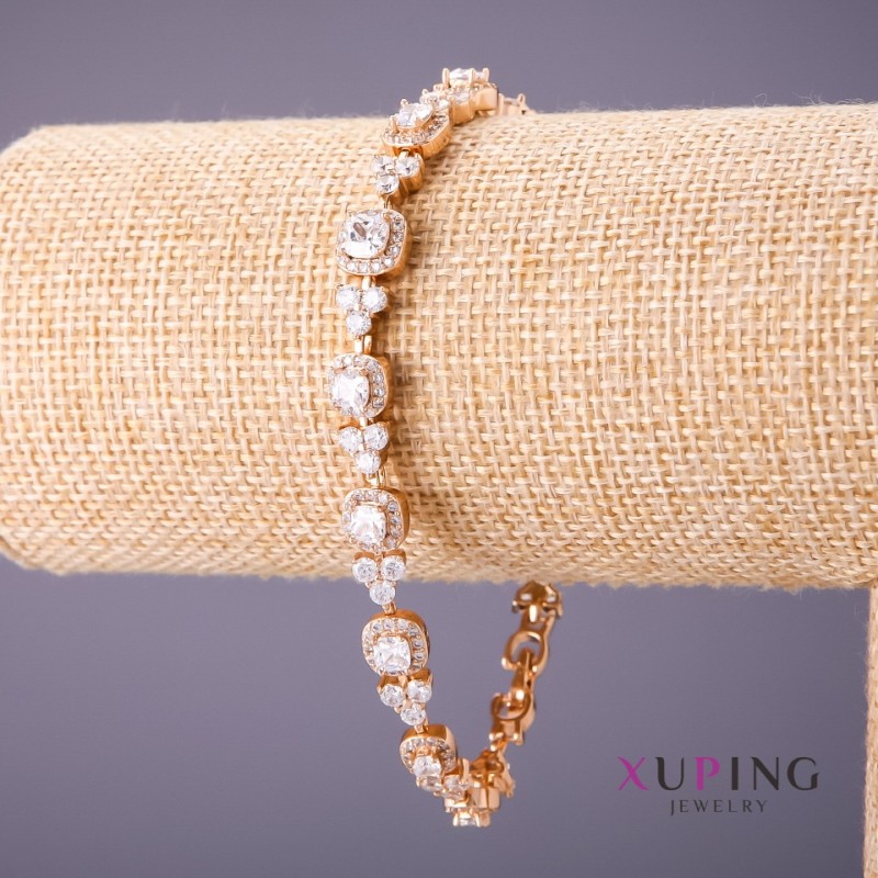 Brățară Xuping cu pietre albe, lungime 17–20 cm, grosime 7 mm, culoare aurie