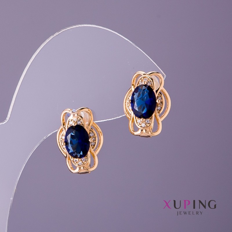 Cercei Xuping cu pietre albastre, diametrul de 11 mm, lungimea de 15 mm, aur 18K