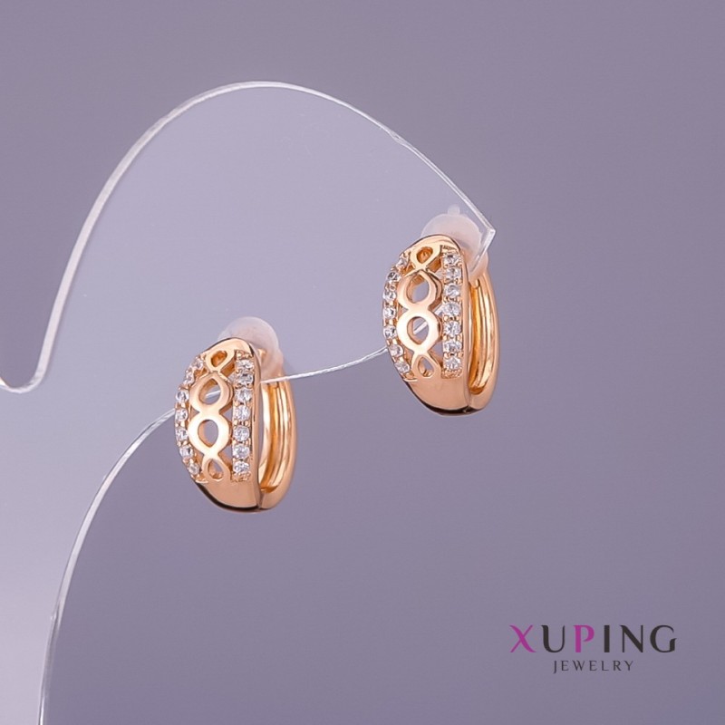 Cercei Xuping cu cristale albe, diametrul 7 mm, lungimea 14 mm, culoare auriu