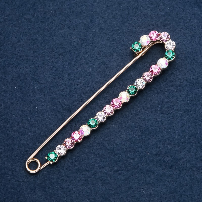 Broșă-pin sofisticată pentru palton, cu strasuri multicolore, 100x20 mm, culoare metalică aurie
