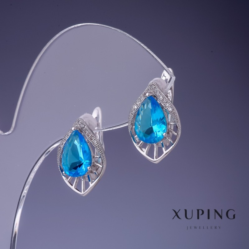 Cercei Xuping cu cristale albastre, rodiu 17x12 mm