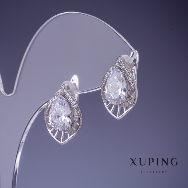 Cercei Xuping cu cristale albe de 18x10 mm, rodiu