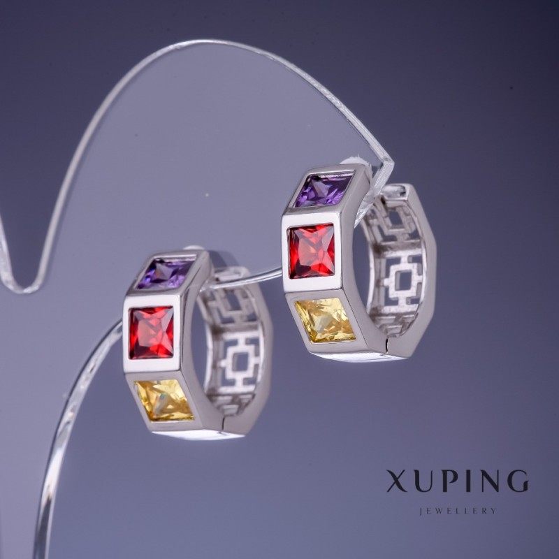 Cercei Xuping cu cristale colorate 18x7 mm rodiu
