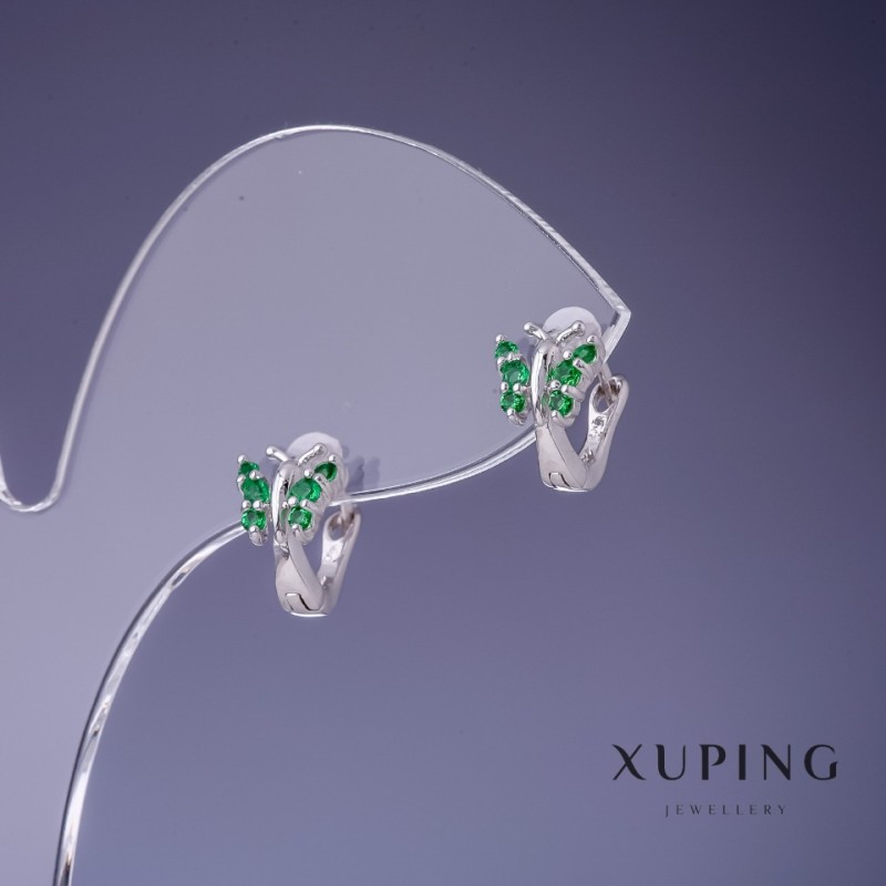 Cercei Xuping «Fluturi» cu strasuri verzi 10×7 mm rodiu