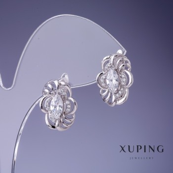 Cercei Xuping cu cristale albe, 17x12 mm, rodiu