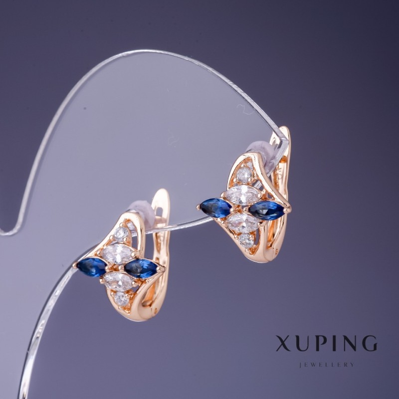 Cercei Xuping cu pietre albastre și albe 14x13 mm, placare cu aur 18K