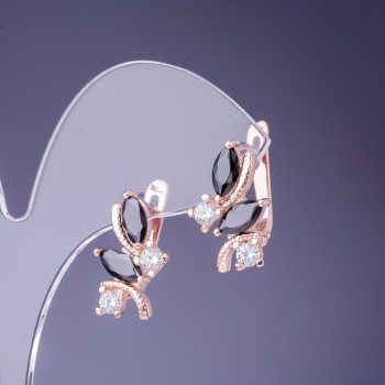 Cercei cu cristale negre, 19x12 mm, din metal auriu