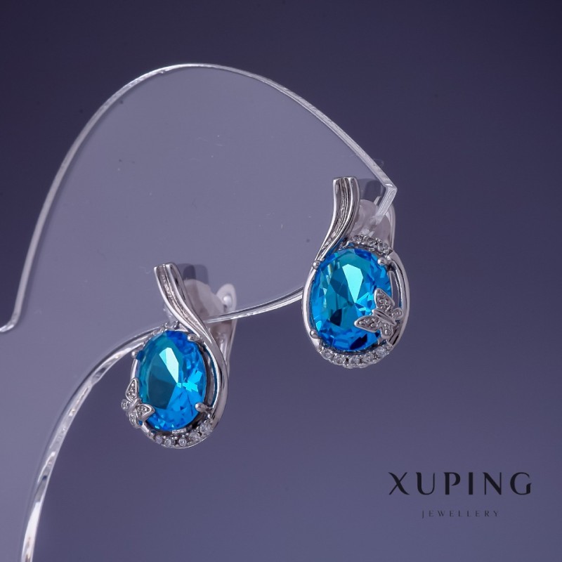 Cercei Xuping cu zircon topaz albastru, 17x10 mm, placare cu rodiu