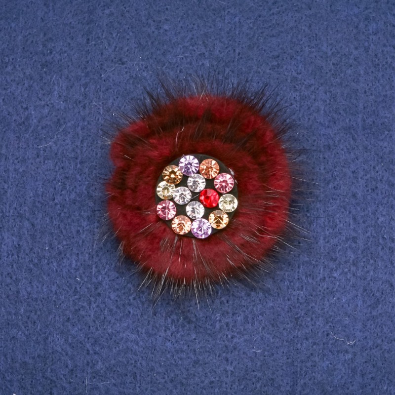 Broșă din blană de nurcă bordo cu strasuri, diametrul 60 mm