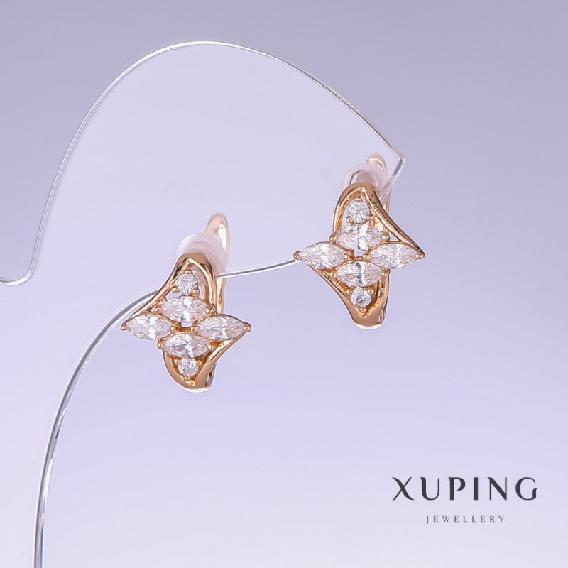 Cercei Xuping cu zircon alb, lungime 14 mm, grosime 13 mm, placare cu aur 18K