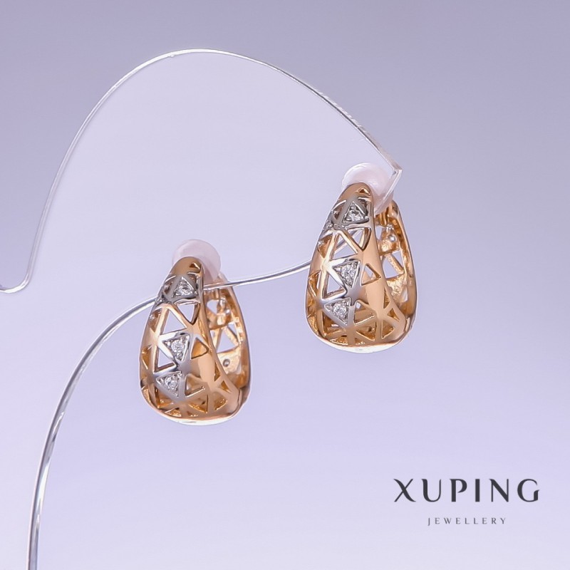 Cercei Xuping, lungime 17 mm, grosime 9 mm, rodiu, placare cu aur de 18K