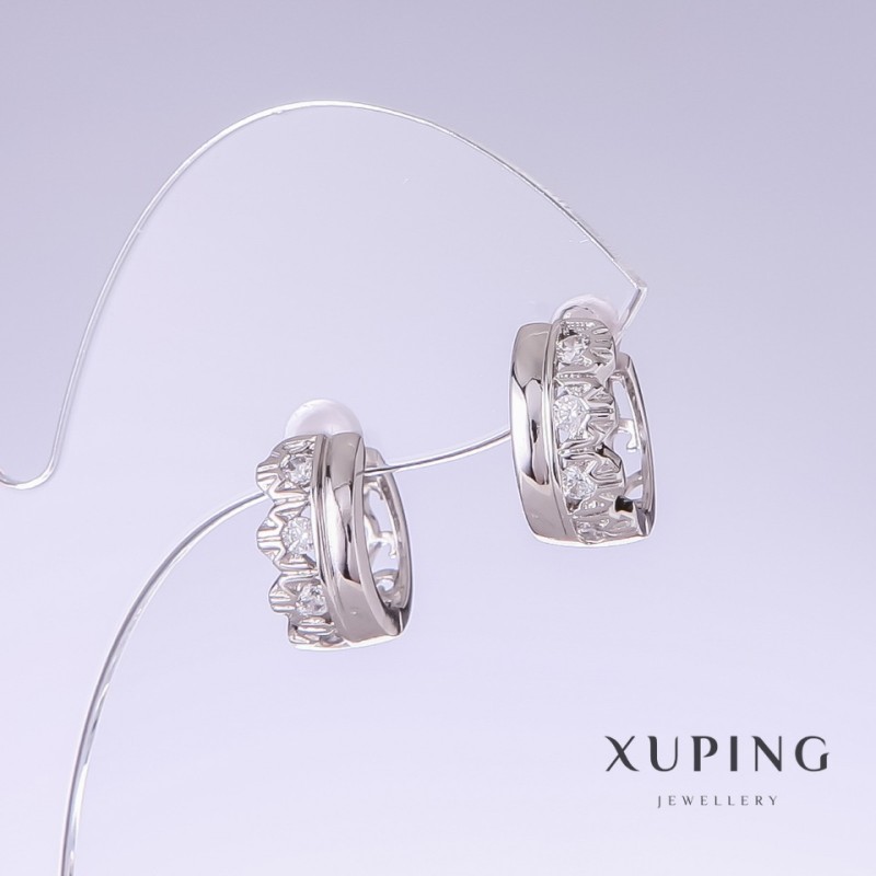 Cercei Xuping rodiu cu pietre albe, lungime 14 mm, grosime 7 mm