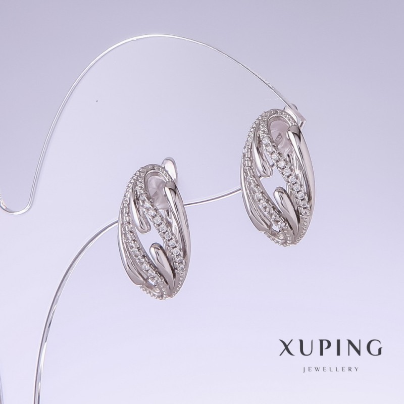 Cercei Xuping cu cristale albe pavé, lungime 18 mm, grosime 9 mm, rhodiu