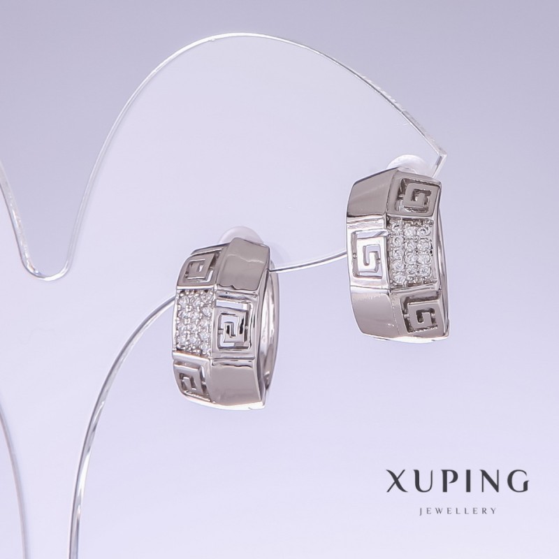 Cercei Xuping cu pavé albe, lungime 17 mm, grosime 9 mm, placare rodiată