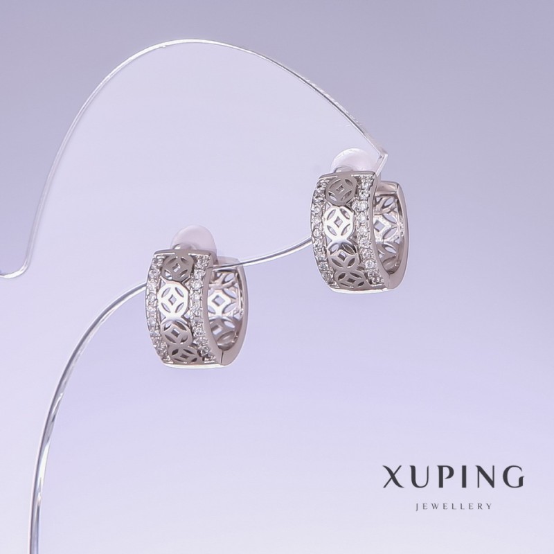 Cercei Xuping, lungime 13 mm, grosime 6 mm, rodiu cu cristale albe