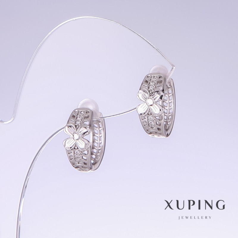 Cercei Xuping cu strasuri albe, lungime 14 mm, grosime 7 mm, rodiu