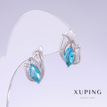 Cercei Xuping cu zirconii albastre Topaz, lungime 17 mm, grosime 10 mm, placate cu rodiu