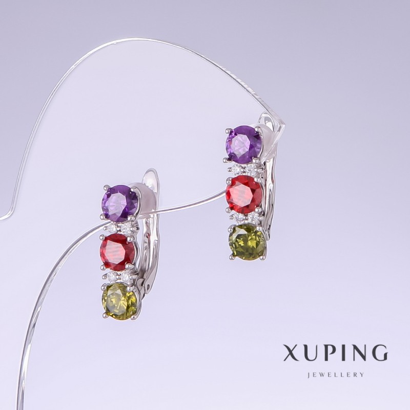 Cercei Xuping cu zirconii multicolore, lungime 18 mm, grosime 5 mm, rodiu