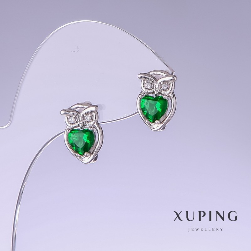 Cercei Xuping Bufnițe cu zirconii verzi, lungime 13 mm, grosime 9 mm, rodiu