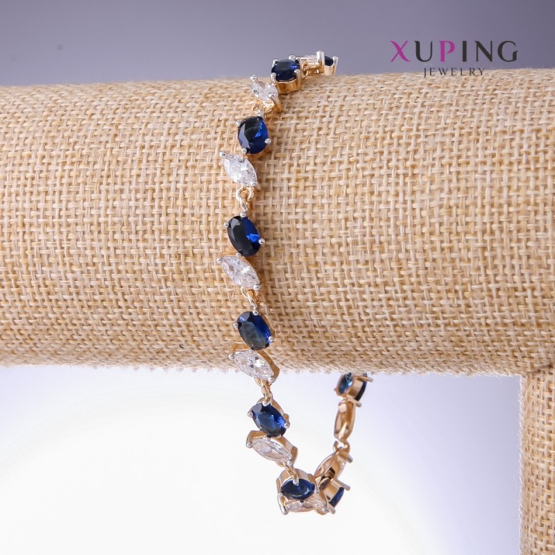 Brățară Xuping cu zirconii albastre «Safir», grosime 9 mm, lungime 18–21 cm, placare cu rodiu și aur 18K