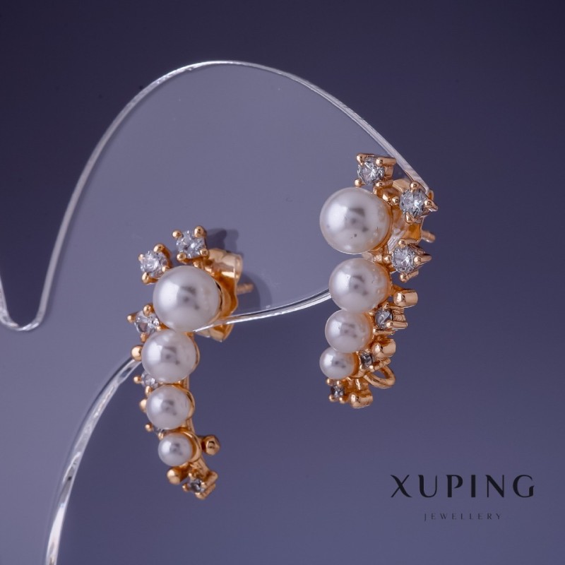 Cercei Xuping cu perle «Mallorca» 25×12 mm placare cu aur 18K