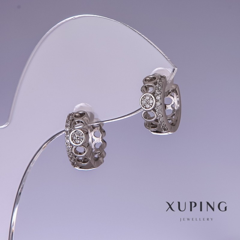 Cercei Xuping cu strasuri albe 5x12 mm, placare cu rodiu