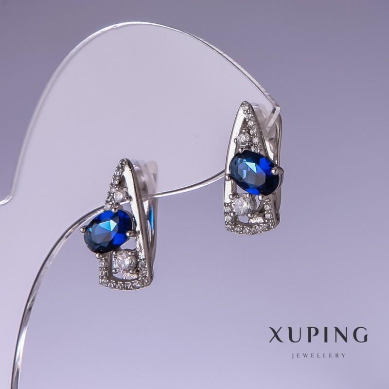 Cercei Xuping cu zirconii albastre 17x8 mm rodiu