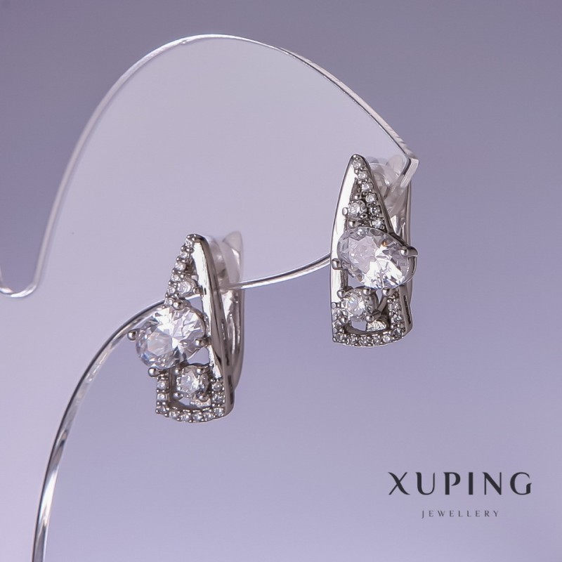 Cercei Xuping cu zirconii albe, 17x8 mm, placare cu rodiu